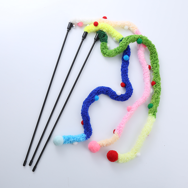 factory price Ice Cream Soft and Comfortable Colorful Plush Strip Cat Teaser Stick Toy with Crisp Bells